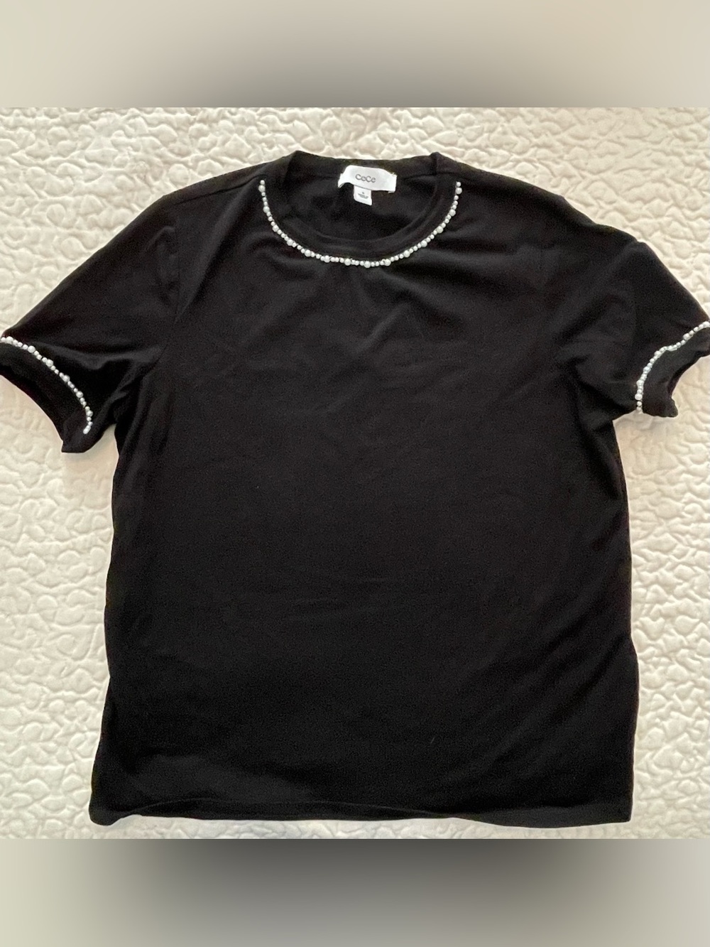 CeCe Black 100% Cotton Faux Pearl Trim Short Sleeve T-Shirt - Like New